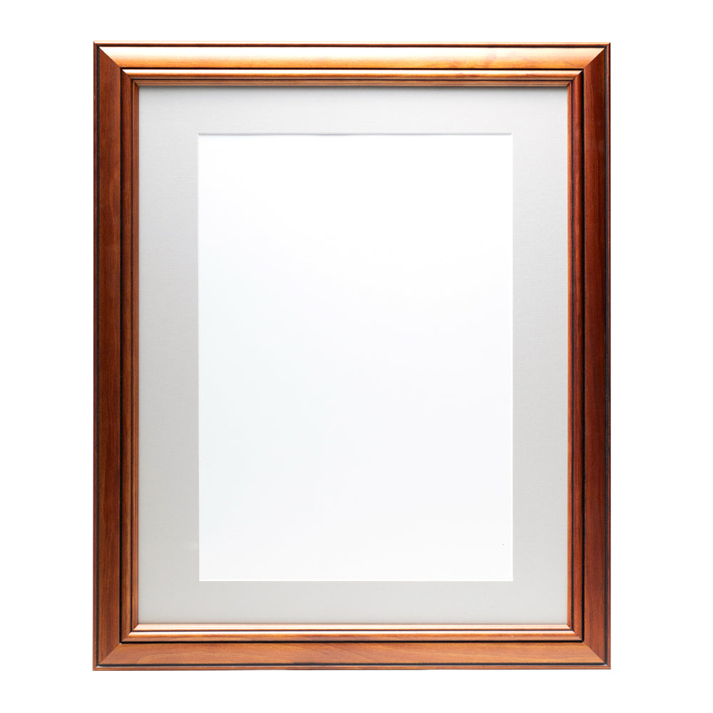 A wooden frame with walnut stain finish, bevelled edges and a light grey pre-cut framing matt.