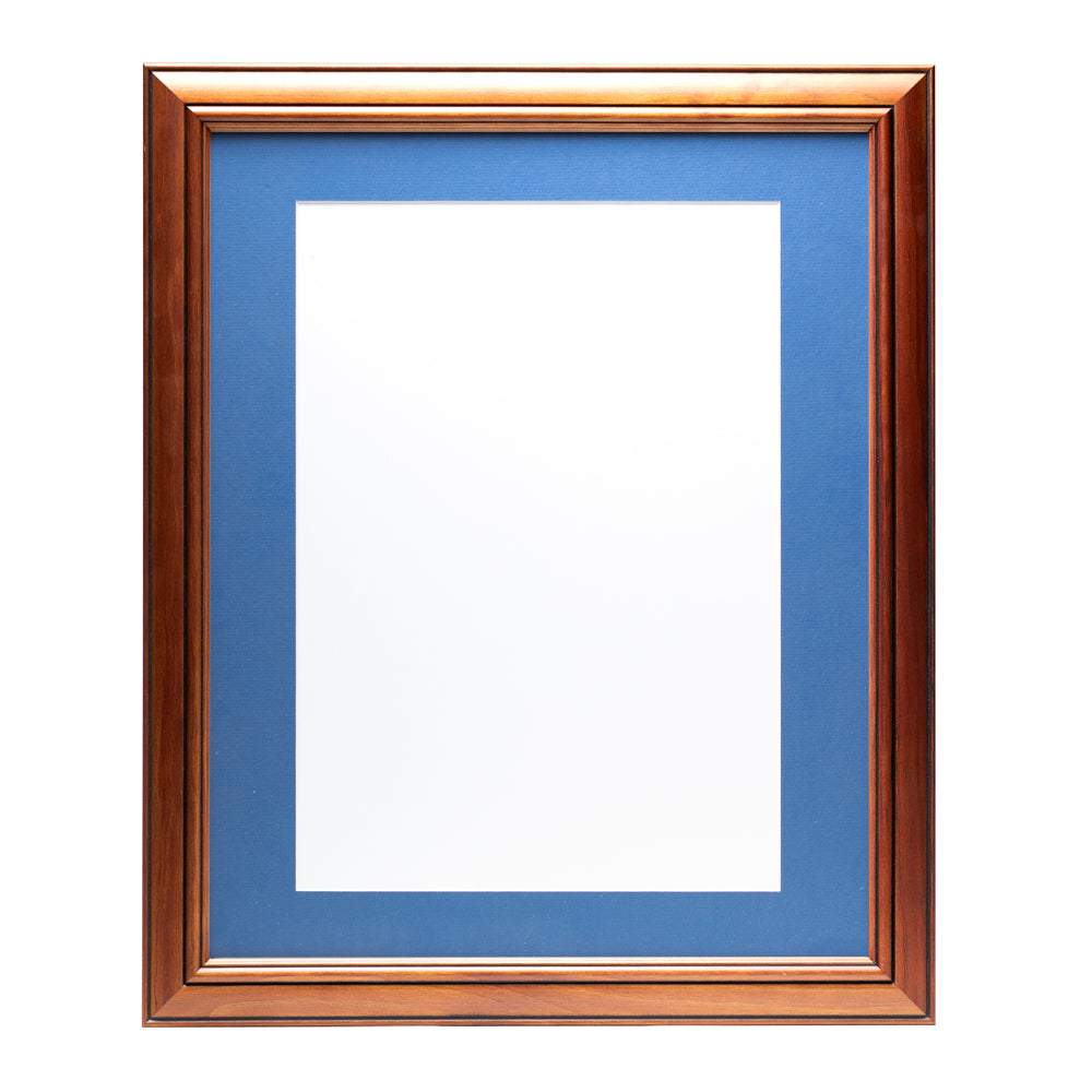 A wooden frame with walnut stain finish, bevelled edges and a mid-blue pre-cut framing matt.