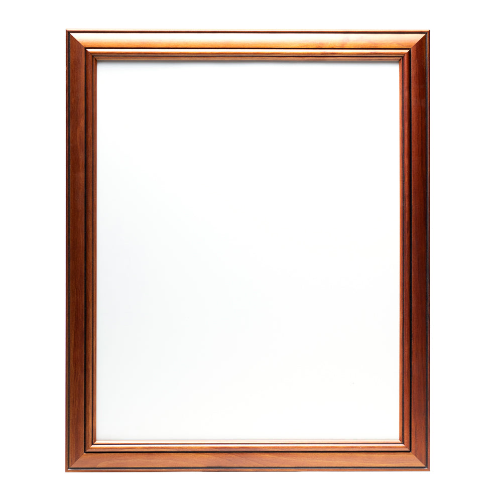 A wooden frame with walnut stain finish and bevelled edges.