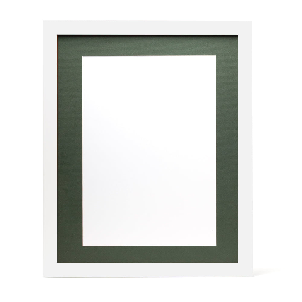A white wooden frame with a dark green pre-cut framing matt.