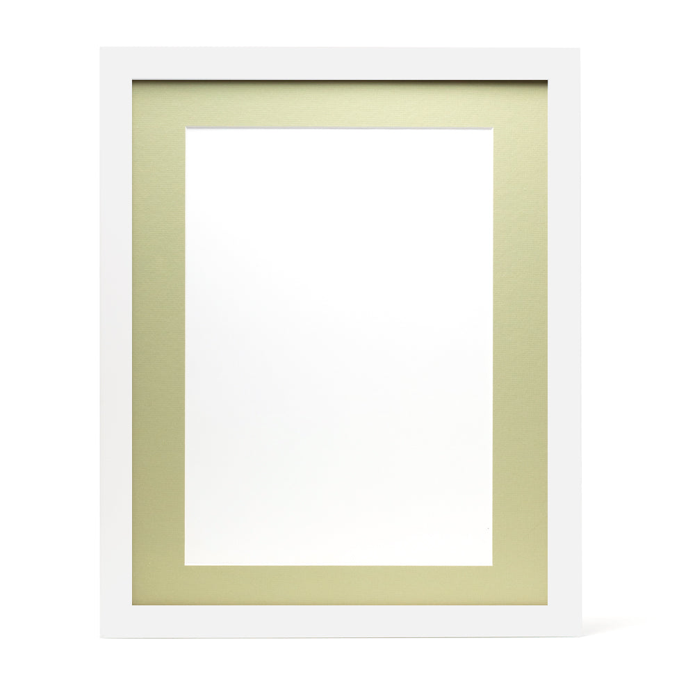 A white wooden frame with a light green pre-cut framing matt.