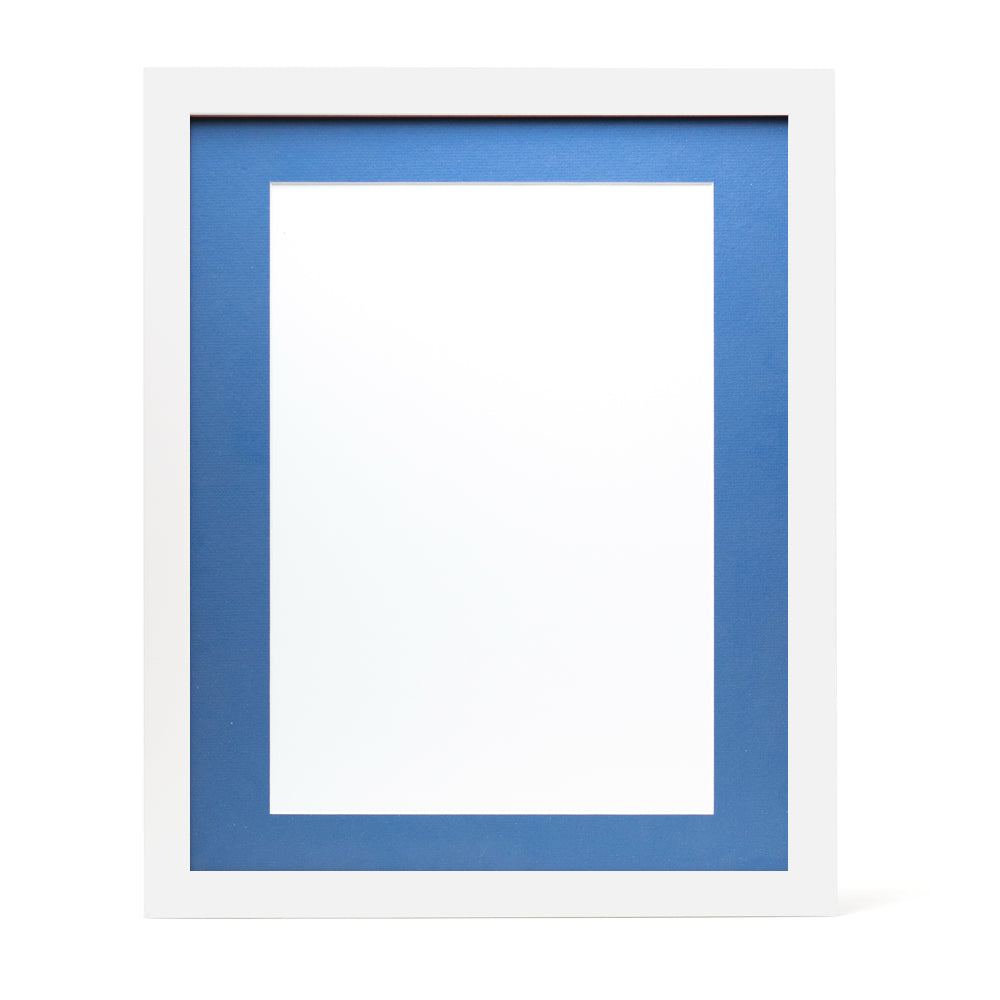 A white wooden frame with a mid-blue pre-cut framing matt.