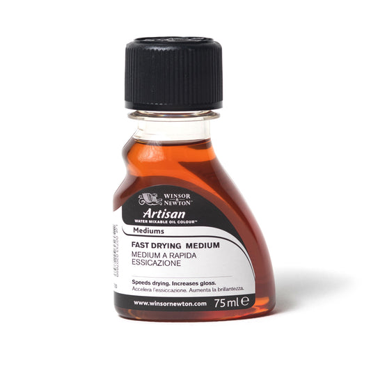 A 75 millilitre bottle of Winsor and Newton Artisan fast drying medium with child-resistant lid. The label reads that the product speeds drying and increases gloss.