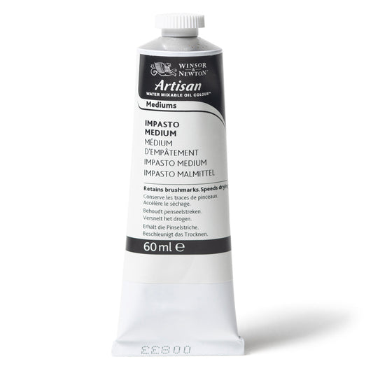 A 60 millilitre tube of Winsor and Newton Artisan impasto medium. The label reads that the product retains brush marks and speeds drying.