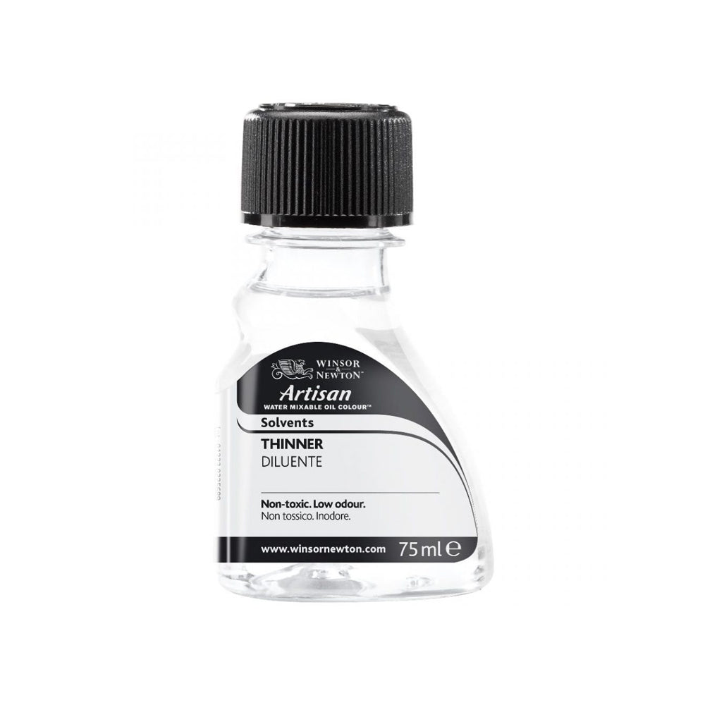 A 75 millilitre bottle of Winsor and Newton Artisan thinner solvent with child-resistant lid. The label reads that the product is non-toxic and low odour.