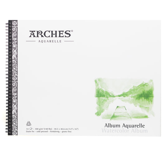 A landscape Arches watercolour album spiral bound on the short edge with 14 sheets of cold pressed 300 gsm paper. 30.5 by 40.6 centimeters in size
