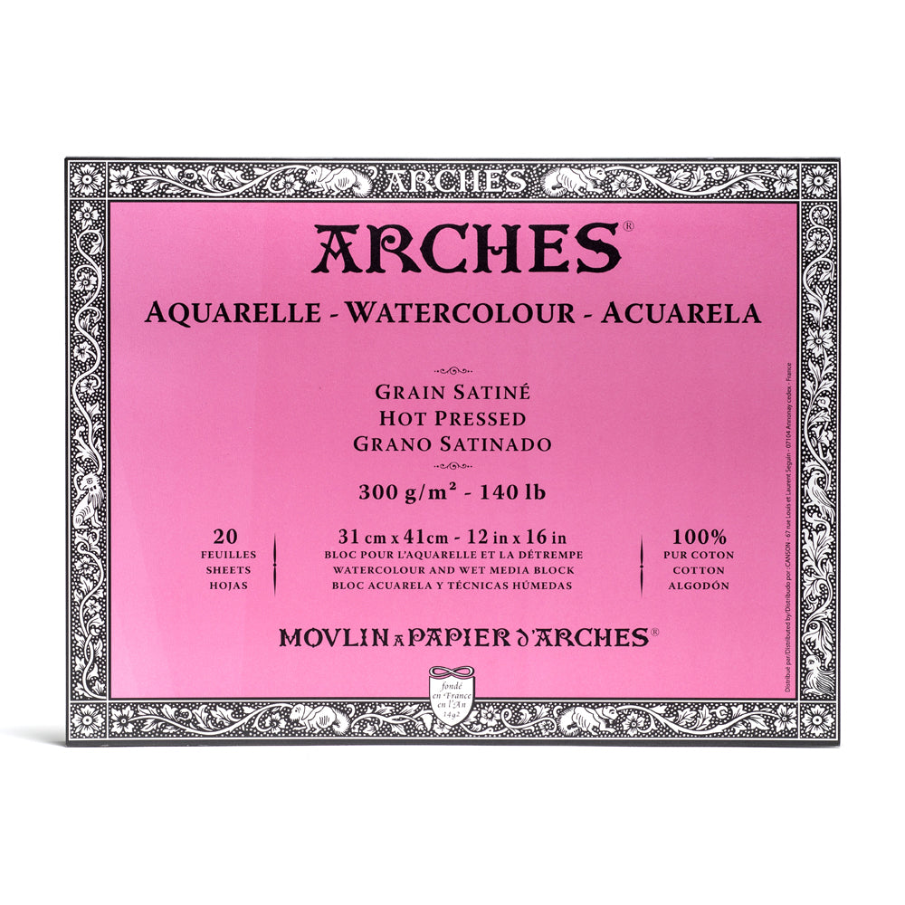 Cover page of Arches hot pressed watercolour block with 20 sheets of 300gsm pure cotton paper. Sheet size is 31 by 41 centimetres.