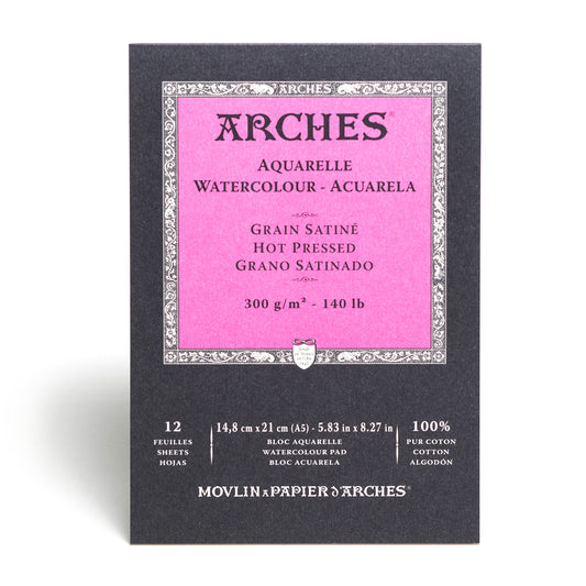 Arches watercolour pad bound on the short side. 12 sheets of hot pressed 300 gsm paper made from 100% cotton. 14.8 by 21 centimeters, A5, in size