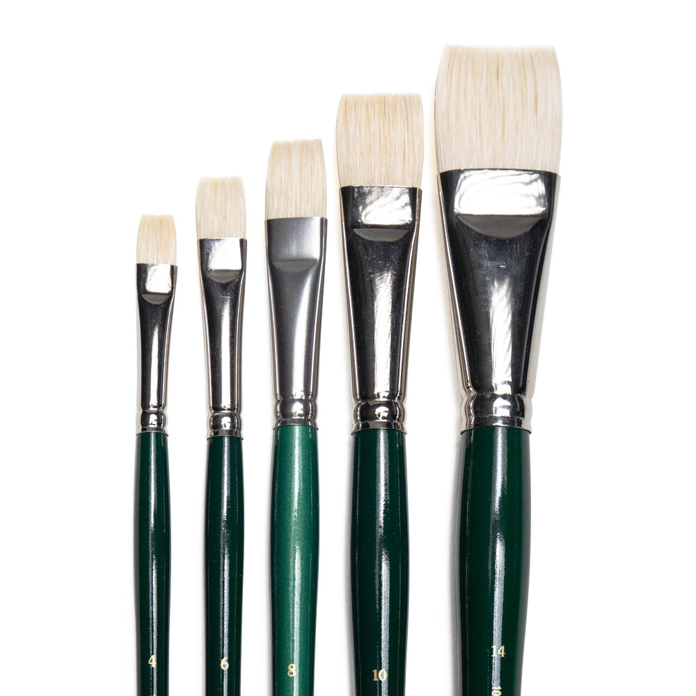 Art Basics hog bristle bright brushes in sizes 4, 6, 8, 10 and 14 with flat bristles.