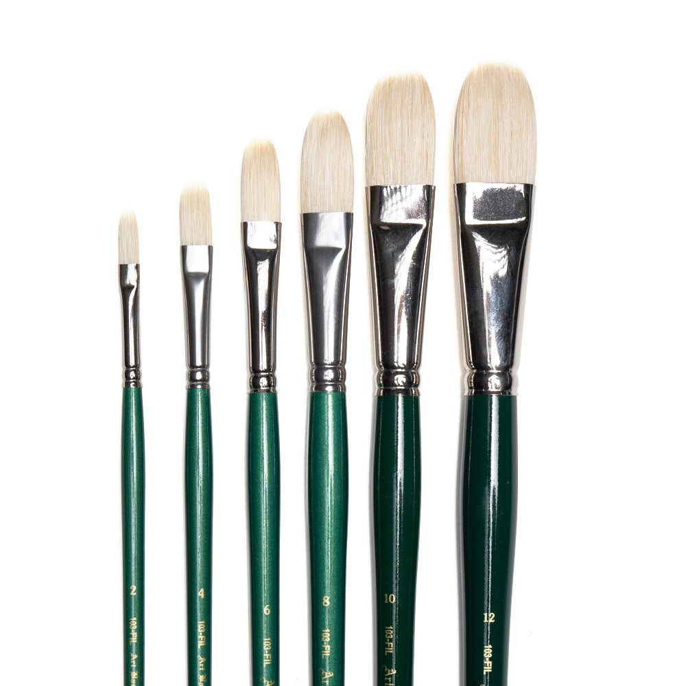 Art Basics hog bristle bright brushes in sizes 2, 4, 6, 8, 10 and 12 with flat bristles and rounded tips.