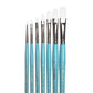Art Basics Taklon filbert brushes in sizes 0, 2 4, 6, 8, 10 and 12 with flat bristles and rounded tips.