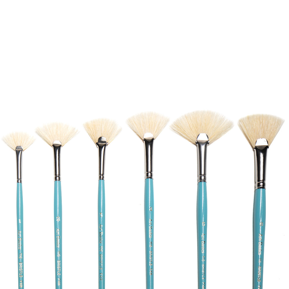 Art Basics hog bristle fan brushes in sizes 1, 2 3, 4, 5 and 6 with flat bristles and fanned tips.