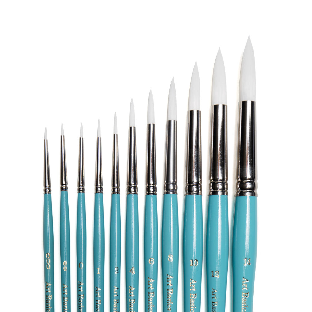 Art Basics Taklon round brushes in sizes triple 0, double 0, 0, 1, 2, 4, 6, 8, 12, 14 with rounded bristles that come to a pointed tip.