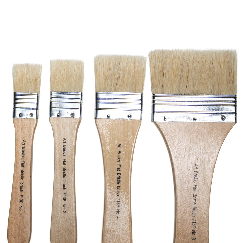 Art Basics short handled wide hog bristle flat brushes in sizes 1, 2, 4 and 8. 
