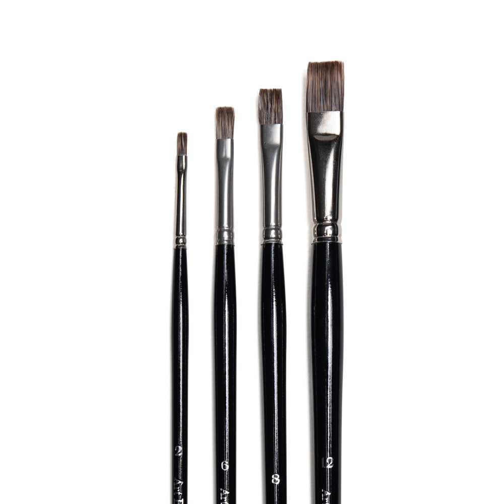 Art Basics badger hair bright brushes in sizes 2, 6, 8 and 12 with short, flat bristles.