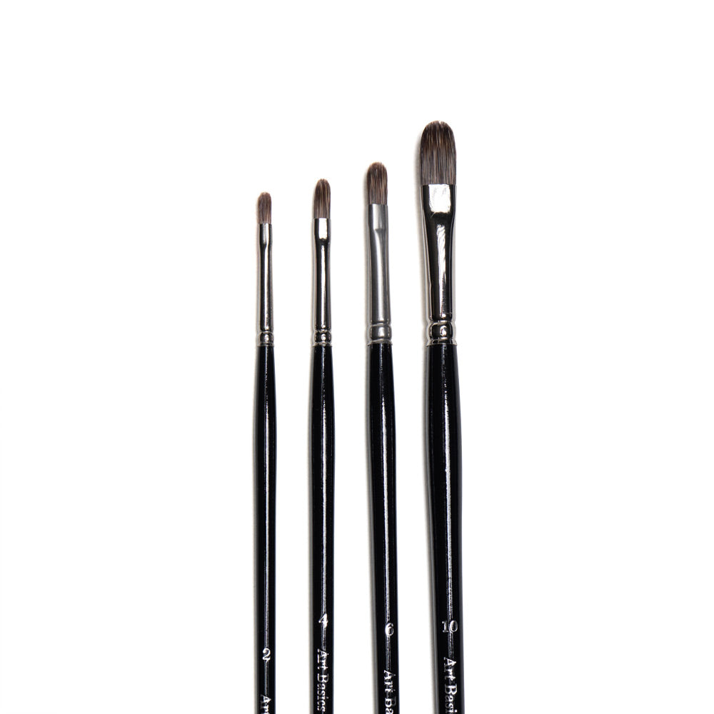 Art Basics badger hair filbert brushes in sizes 2, 4, 6 and 10 with flat bristles and rounded tips.