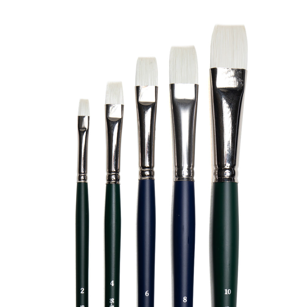 Art Basics Stiff Synthetic Bright brushes in sizes 2, 4, 6, 8 and 10 with flat bristles.
