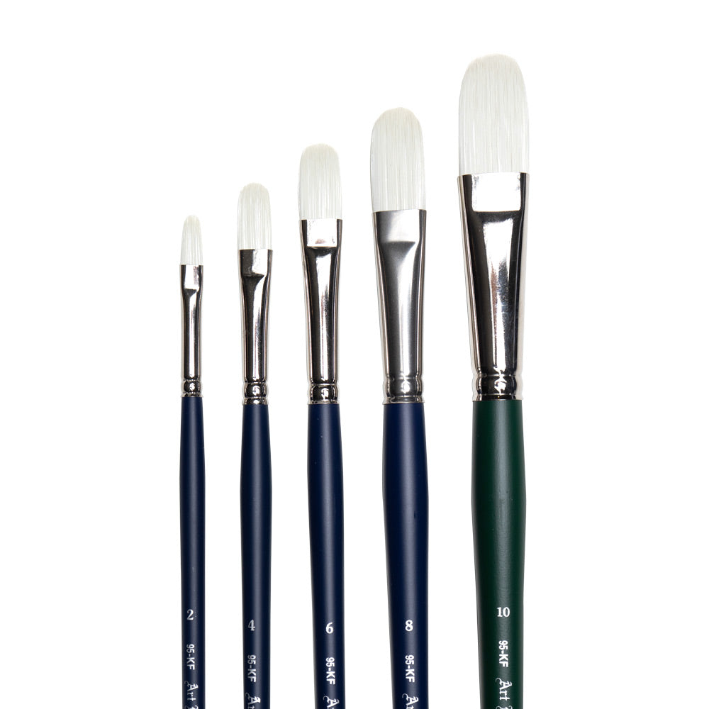 Art Basics stiff synthetic filbert brushes in sizes 2, 4, 6, 8 and 10 with flat bristles and rounded tips.