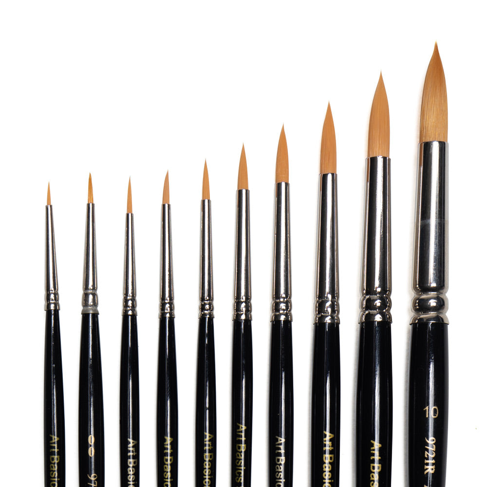 Art Basics golden Taklon round brushes in multiple sizes with rounded bristles that come to pointed tips. 