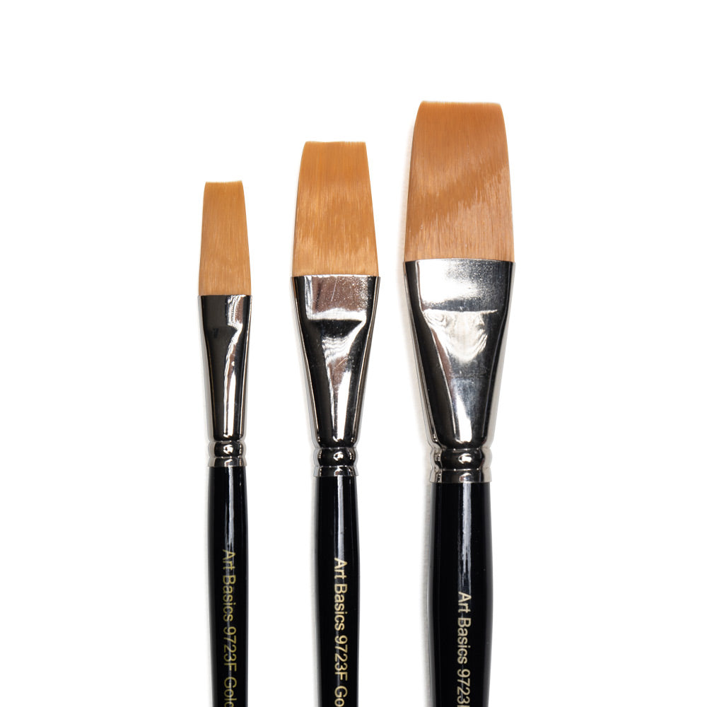 Art Basics golden Taklon long flat brushes in multiple sizes with long, flat bristles.
