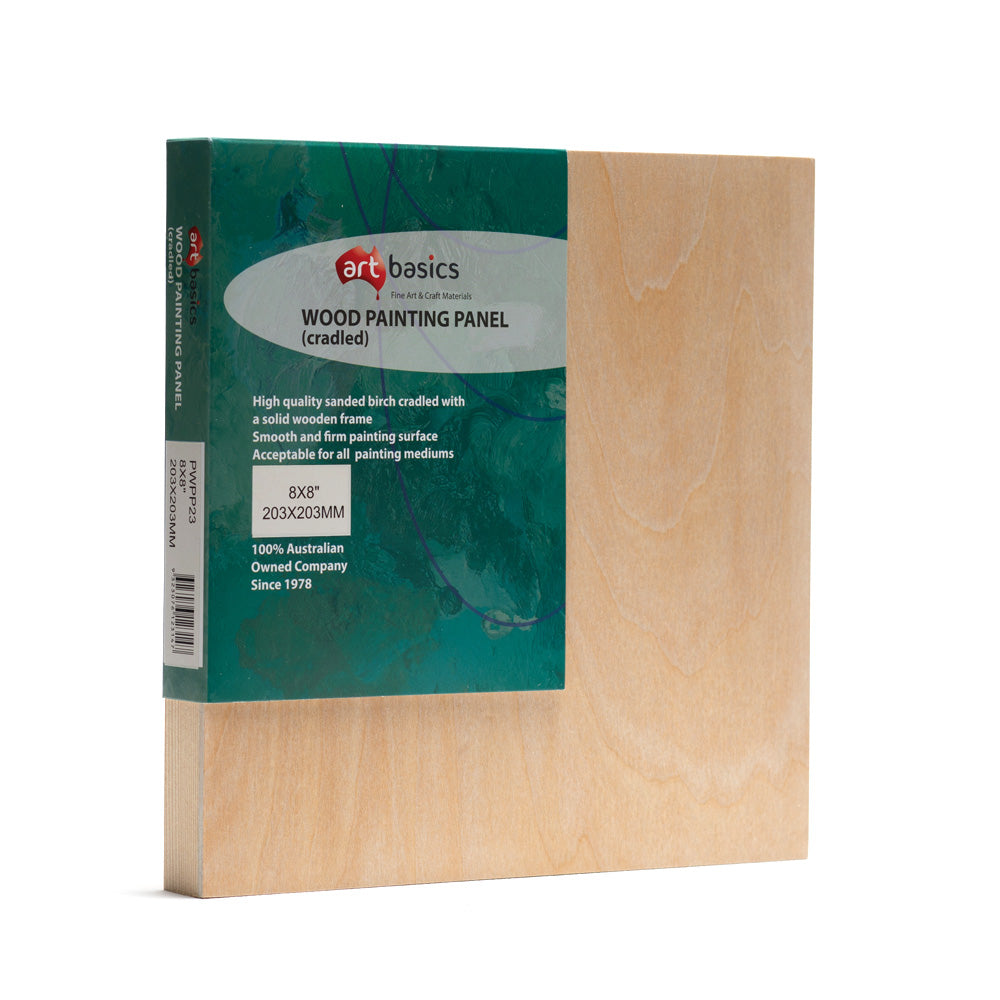 A slim edged Art Basics cradled wood painting panel. High quality sanded birch cradled with a solid wooden frame. Smooth and firm painting surface acceptable for all painting mediums. Art Basics is a 100% Australian owned company since 1978.