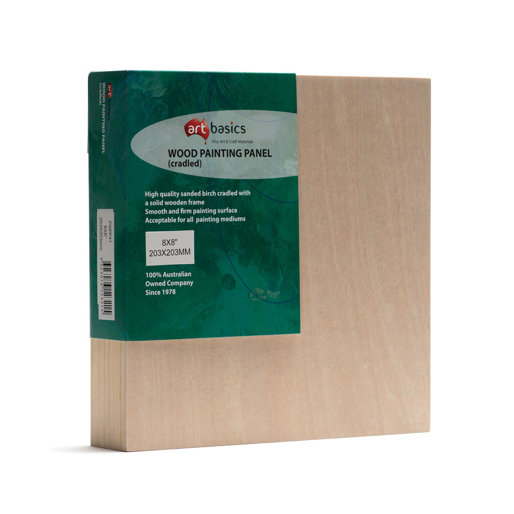 A thick edged Art Basics cradled wood painting panel. High quality sanded birch cradled with a solid wooden frame. Smooth and firm painting surface acceptable for all painting mediums. Art Basics is a 100% Australian owned company since 1978.