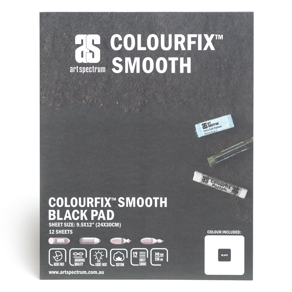 A portrait colourfix smooth black pad, bound along the top edge. This pad contains 12 sheets of acid free, archival quality, light fast, cotton paper. 24 by 30 centimeters in size.