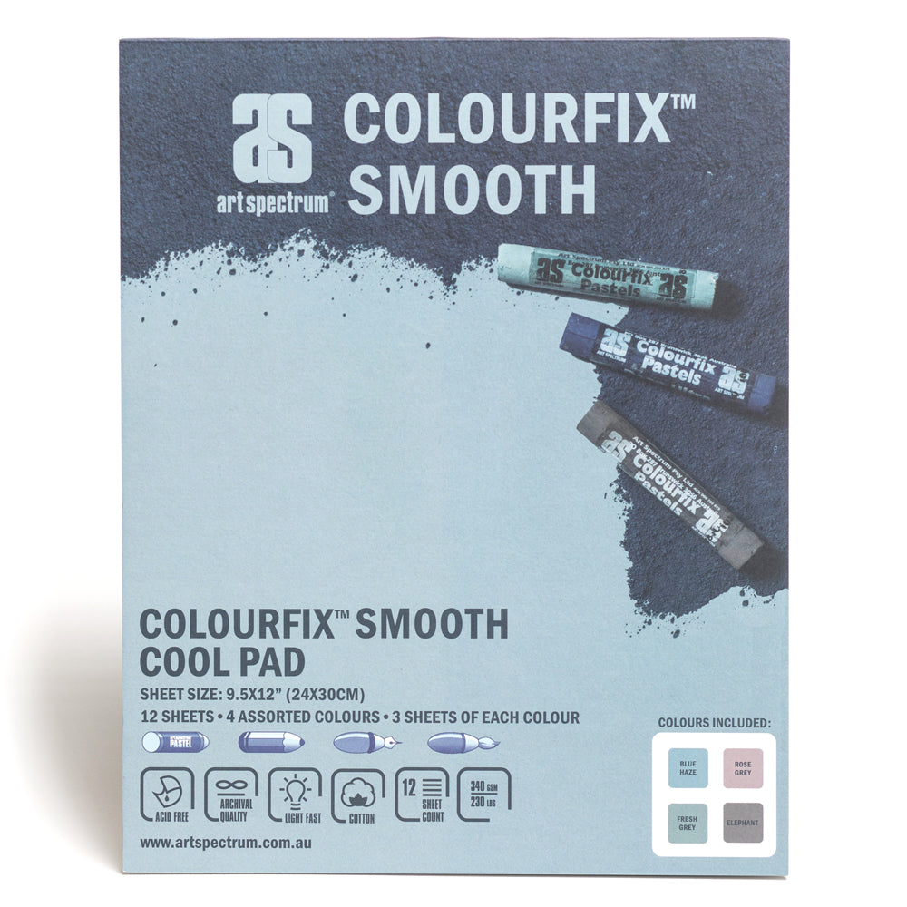 A portrait colourfix smooth cool coloured pad, bound along the top edge. This pad contains 12 sheets of acid free, archival quality, light fast, cotton paper. 24 by 30 centimeters in size. Colours include blue haze, rose grey, fresh grey and elephant.