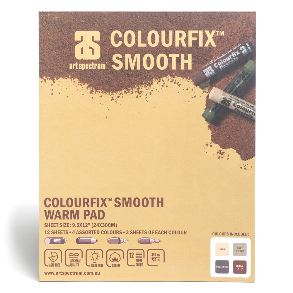 A portrait colourfix smooth warm coloured pad, bound along the top edge. This pad contains 12 sheets of acid free, archival quality, light fast, cotton paper. 24 by 30 centimeters in size. Colours include sand, soft umber, aubergine and terracotta