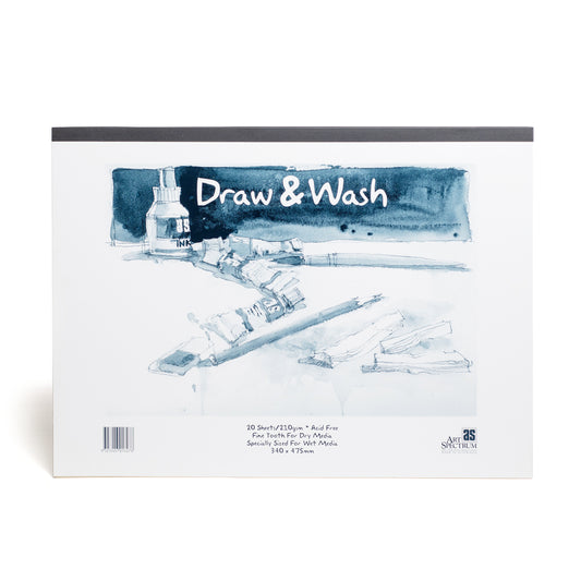 Art Spectrum draw and wash pad, bound on the long edge. This pad contains 20 sheets of acid free paper. Fine toothed for dry media and specially sized for wet media. 34 by 47.5 centimeters in size.