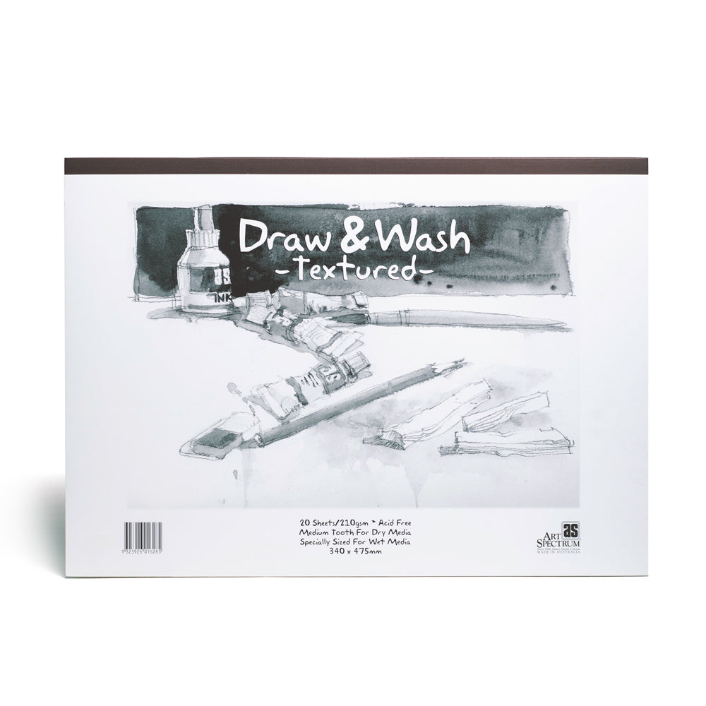 Art Spectrum textured draw and wash pad, bound on the long edge. This pad contains 20 sheets of acid free paper. Medium toothed for dry media and specially sized for wet media. 34 by 47.5 centimeters in size. 