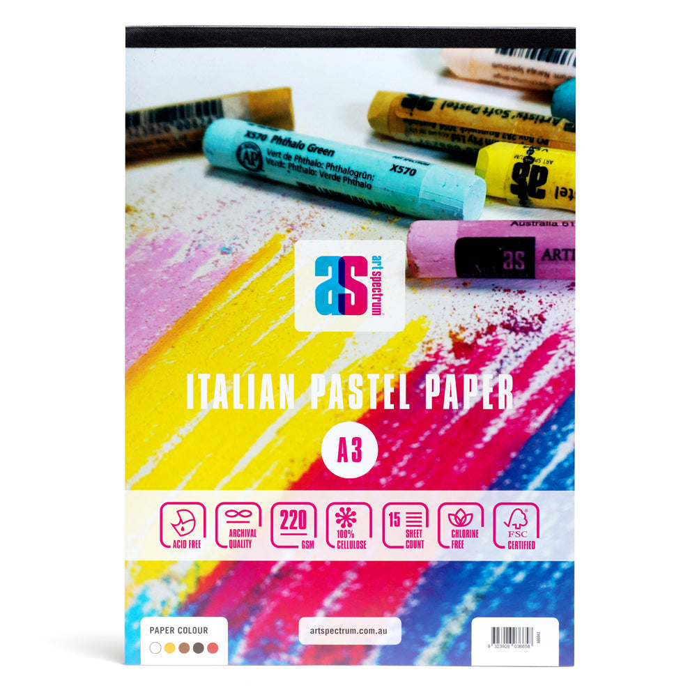 Art Spectrum A3 Italian pastel paper pad in white, yellow, browns and ochres. This pad is bound on the short edge and comes with 15 sheets of 220gsm acid free archival quality paper. The paper is made from FSC certified, chlorine free cellulose.