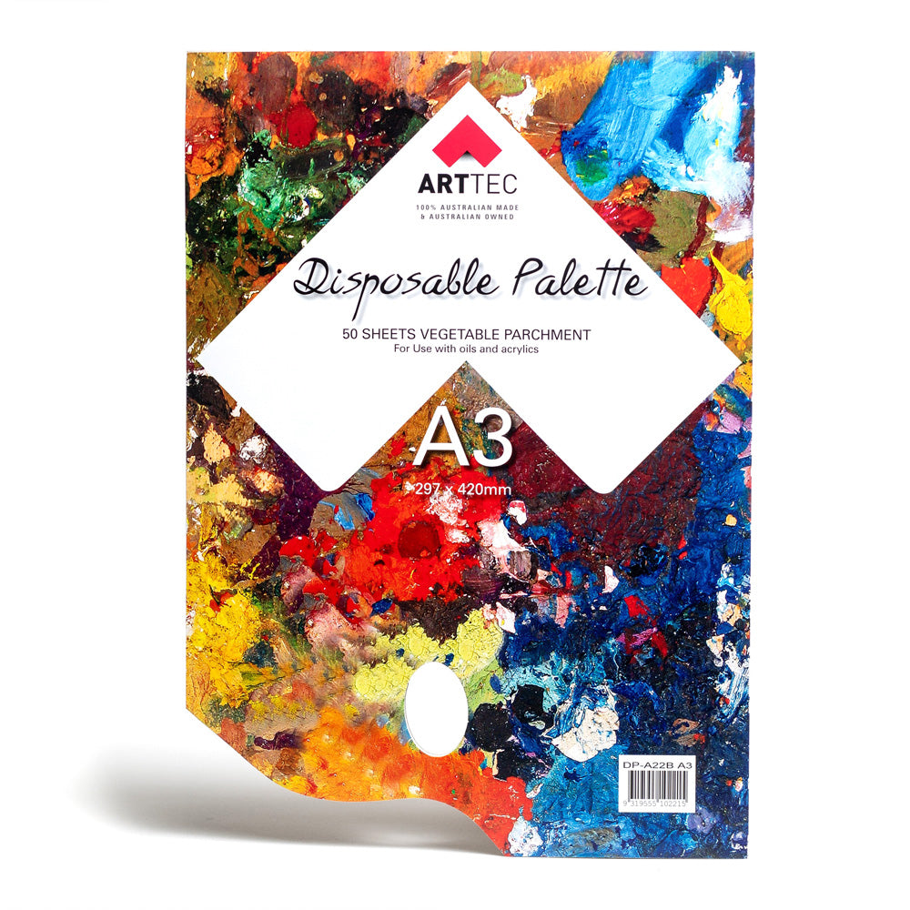 A pad of Arttec disposable palette paper made from vegetable parchment for use with oils and acrylics. The pad is bound along the short side and is 29.7 by 42 centimeters (A3) in size and has a thumbhole for grip.