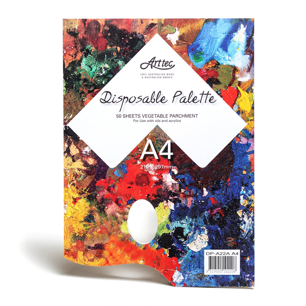 A pad of Arttec disposable palette paper made from vegetable parchment for use with oils and acrylics. The pad is bound along the short side and is 21 by 29.7 centimeters (A4) in size and has a thumbhole for grip.