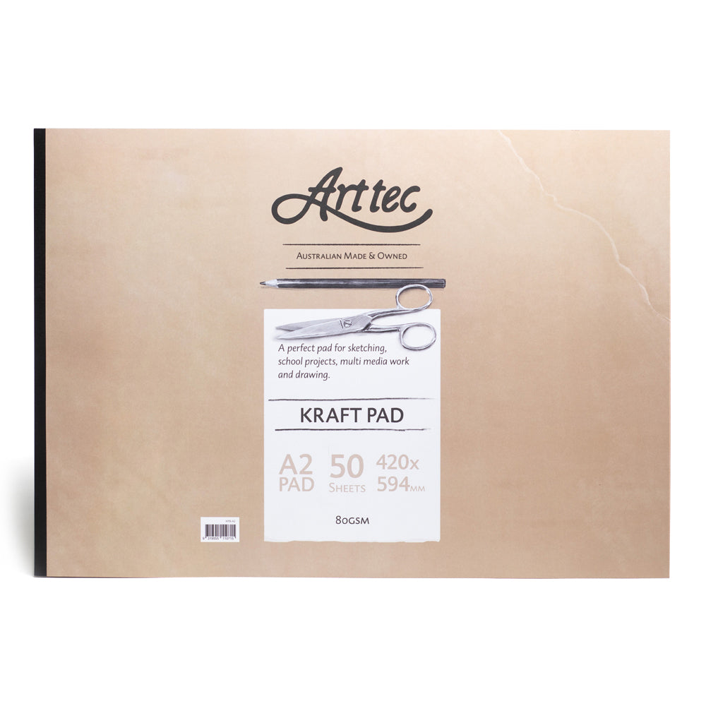 A pad of Arttec brown kraft paper bound on the short edge. The pad comes with 50 sheets of 80gsm paper perfect for sketching, school projects, multi media work and drawing. 42 by 59.4 centimeters (A2) in size.