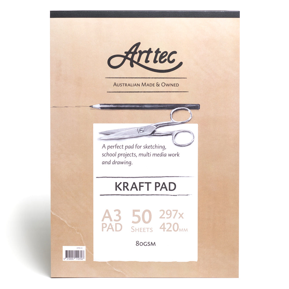 A pad of Arttec brown kraft paper bound on the short edge. The pad comes with 50 sheets of 80gsm paper perfect for sketching, school projects, multi media work and drawing. 29.7 by 42 centimeters (A3) in size.