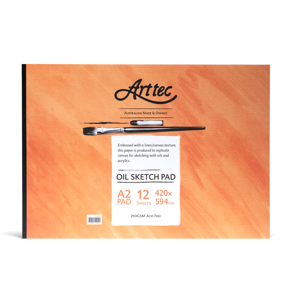 Australian made and owned Arttec A2 Oil Sketch pad. This pad is bound on the short edge and pad comes with 12 sheets of 240gsm Acid free paper. Embossed with a linen/canvas texture, this paper is produced to replicate canvas for sketching with oils and acrylics.