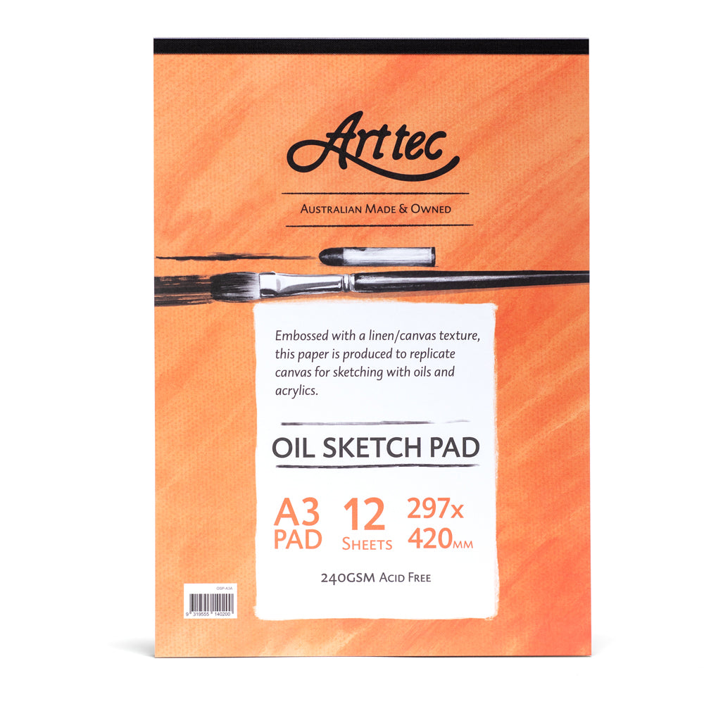 Australian made and owned Arttec A3 Oil Sketch pad. This pad is bound on the short edge and comes with 12 sheets of 240gsm Acid free paper. Embossed with a linen/canvas texture, this paper is produced to replicate canvas for sketching with oils and acrylics.