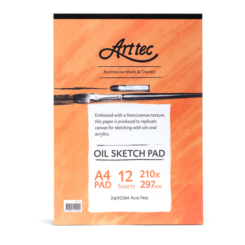 Australian made and owned Arttec A4 Oil Sketch pad. This pad is bound on the short edge and comes with 12 sheets of 240gsm Acid free paper. Embossed with a linen/canvas texture, this paper is produced to replicate canvas for sketching with oils and acrylics.