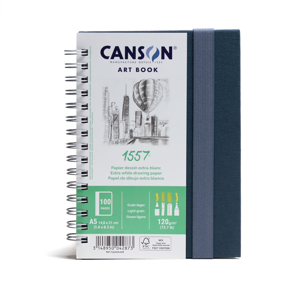 Canson 1557 art book, spiral bound on the long edge with an elastic closure. This book contains 100 pages of 120 gsm light grain paper. 14.8 by 21 centimetres in size.