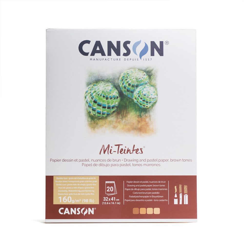 Canson Mi-Teintes pastel drawing pad in brown tones. This pad is bound on the short edge and contains 20 sheets of 160 gsm paper. The pages are 32 by 41 centimetres in size and are double sided with a honeycomb grain and a fine grain.