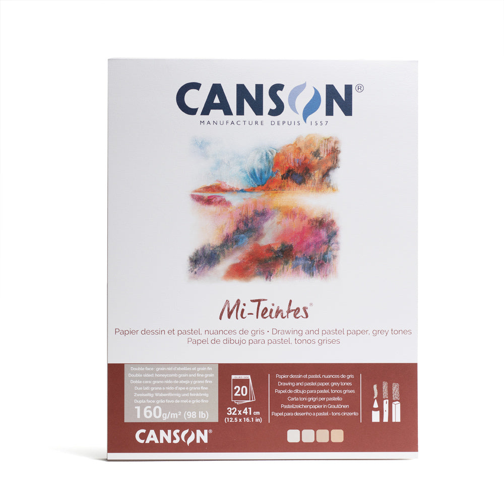 Canson Mi-Teintes pastel drawing pad in grey tones. This pad is bound on the short edge and contains 20 sheets of 160 gsm paper. The pages are 32 by 41 centimetres in size and are double sided with a honeycomb grain and a fine grain.
