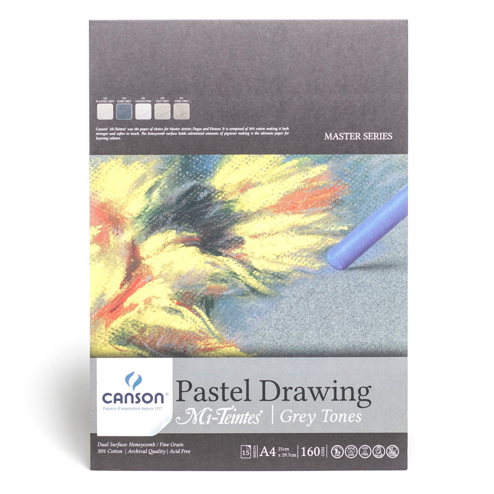 Canson Mi-Teintes pastel drawing pad in grey tones. This pad is bound on the short edge and contains 15 sheets of 160 gsm paper made from 50% cotton which is archival quality and acid free. The pages are 21 by 29.7 centimetres in size (A4) with a dual surface of honeycomb and fine grain. 
