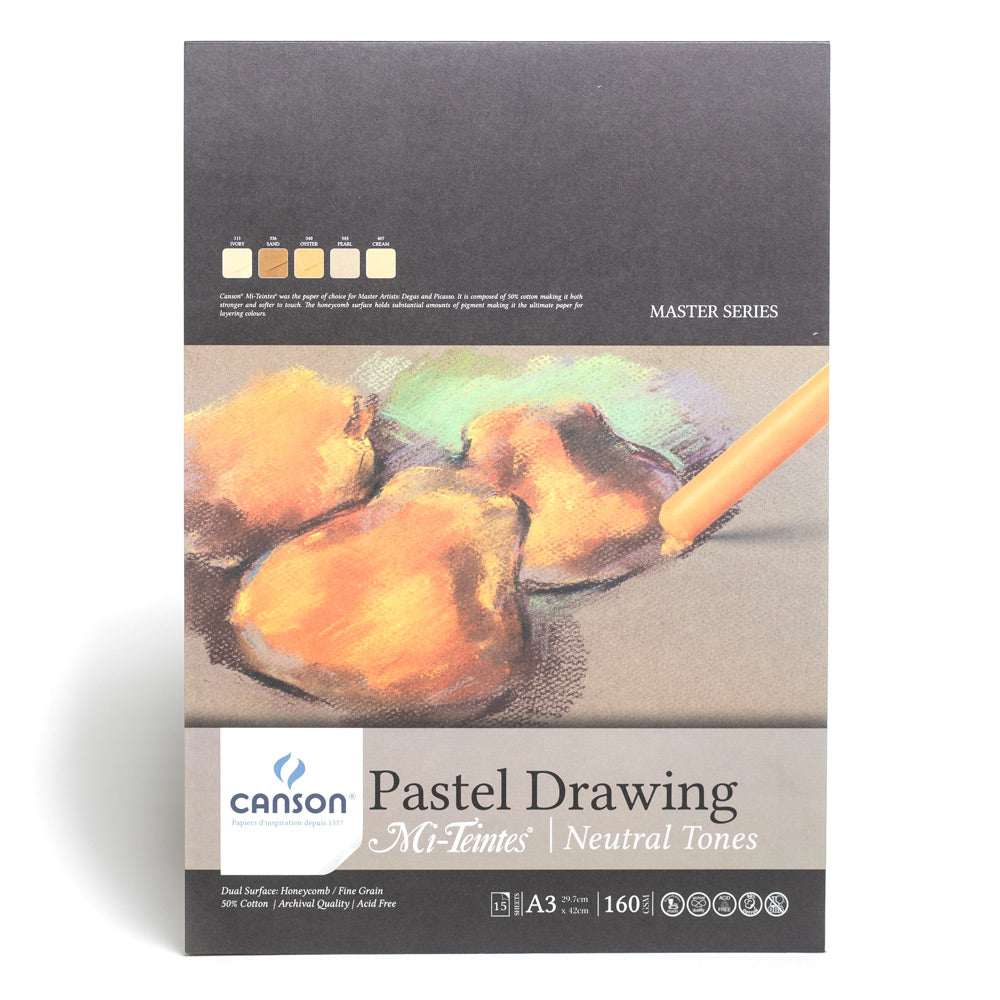 Canson Mi-Teintes pastel drawing pad in warm neutrals tones. This pad is bound on the short edge and contains 15 sheets of 160 gsm paper made from 50% cotton which is archival quality and acid free. The pages are 29.7 by 42 centimetres in size (A3) with a dual surface of honeycomb and fine grain.