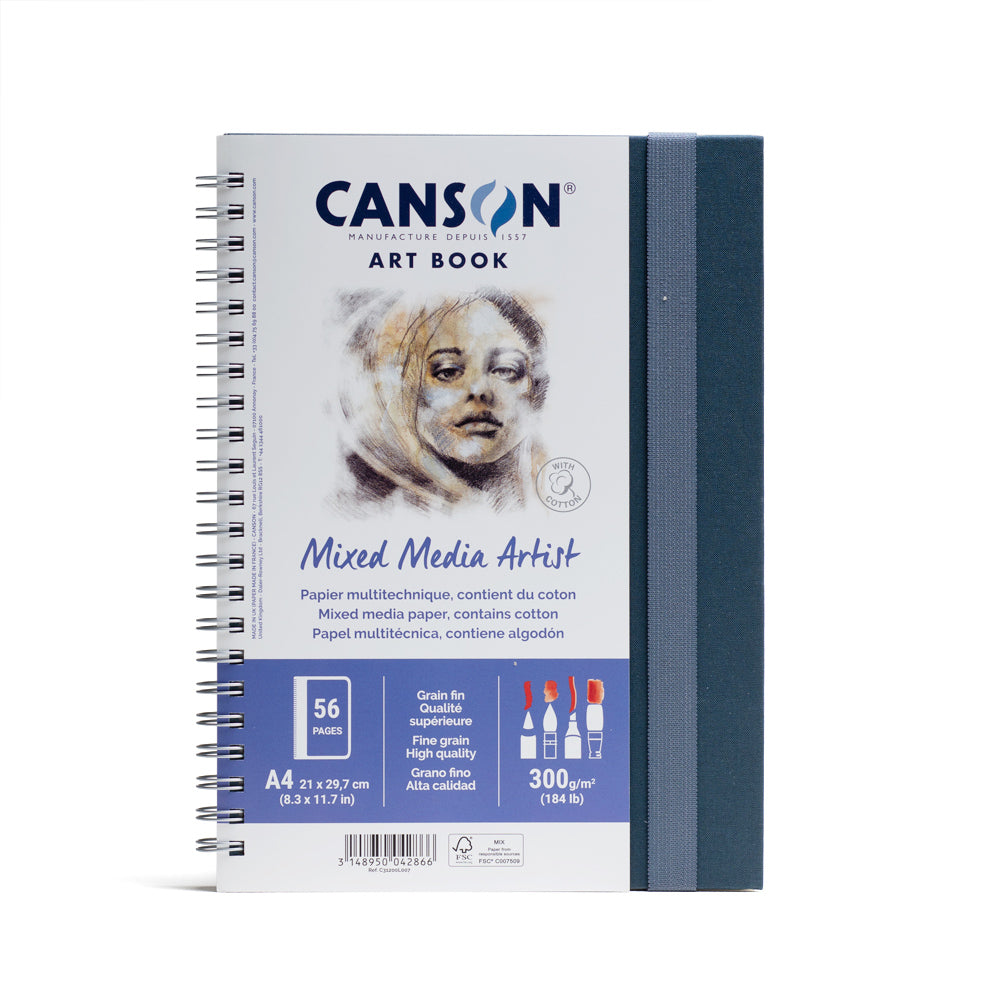 Canson Mixed Media Artist art book, spiral bound on the long edge with an elastic closure. This book contains 56 pages of 300 gsm fine grain, high quality paper containing cotton. 21 by 29.7 centimetres in size.