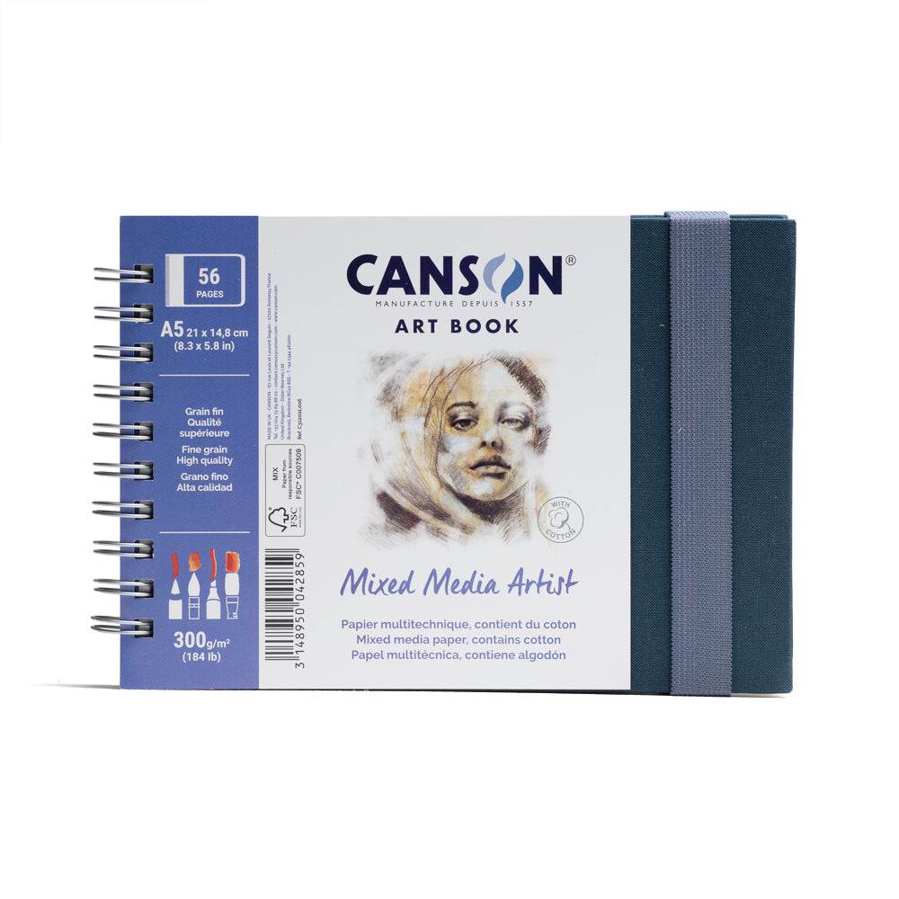 Canson Mixed Media Artist art book, spiral bound on the short edge with an elastic closure. This book contains 56 pages of 300 gsm fine grain, high quality paper containing cotton. 14.8 by 21 centimetres in size.