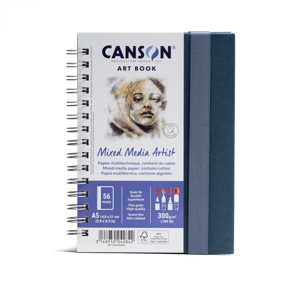 Canson Mixed Media Artist art book, spiral bound on the long edge with an elastic closure. This book contains 56 pages of 300 gsm fine grain, high quality paper containing cotton. 14.8 by 21 centimetres in size.