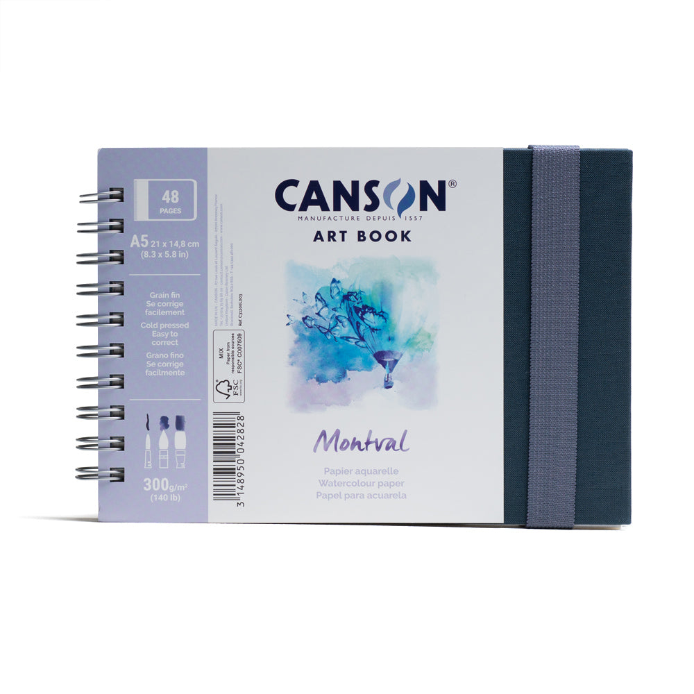 Canson Montval art book, spiral bound on the short edge with an elastic closure. This book contains 48 pages of 300 gsm cold pressed, easy to correct watercolour paper. 14.8 by 21 centimetres in size.