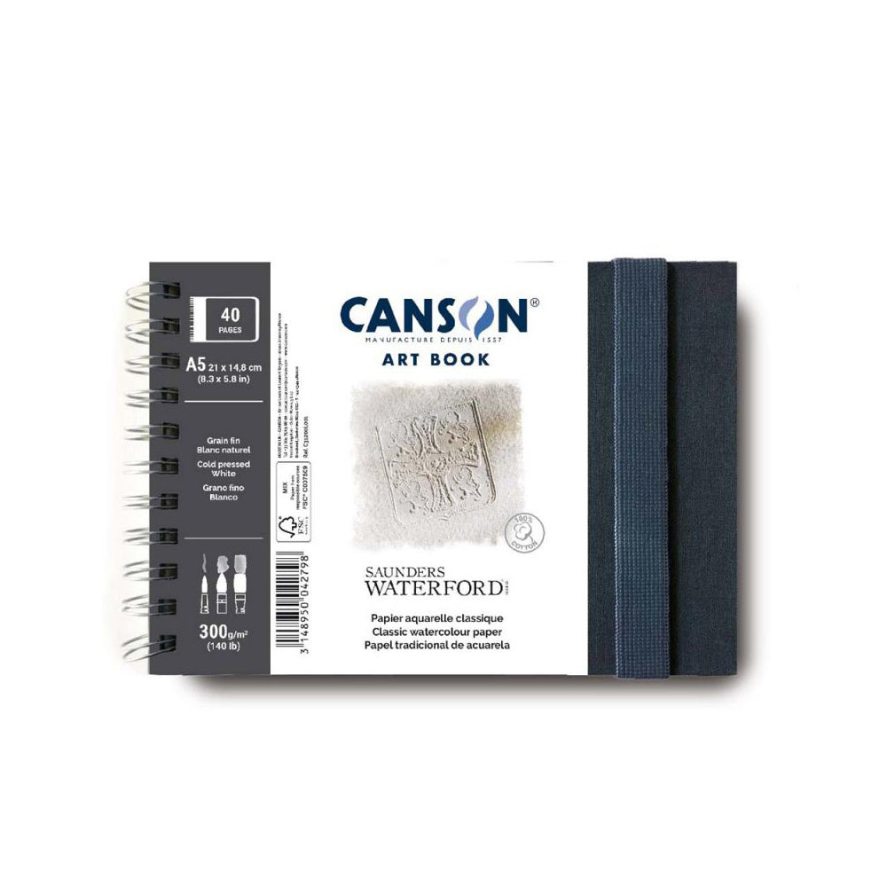 Canson Saunders Waterford art book, spiral bound on the short edge with an elastic closure. This book contains 40 pages of 300 gsm cold pressed, white classic watercolour paper. 14.8 by 21 centimetres in size.