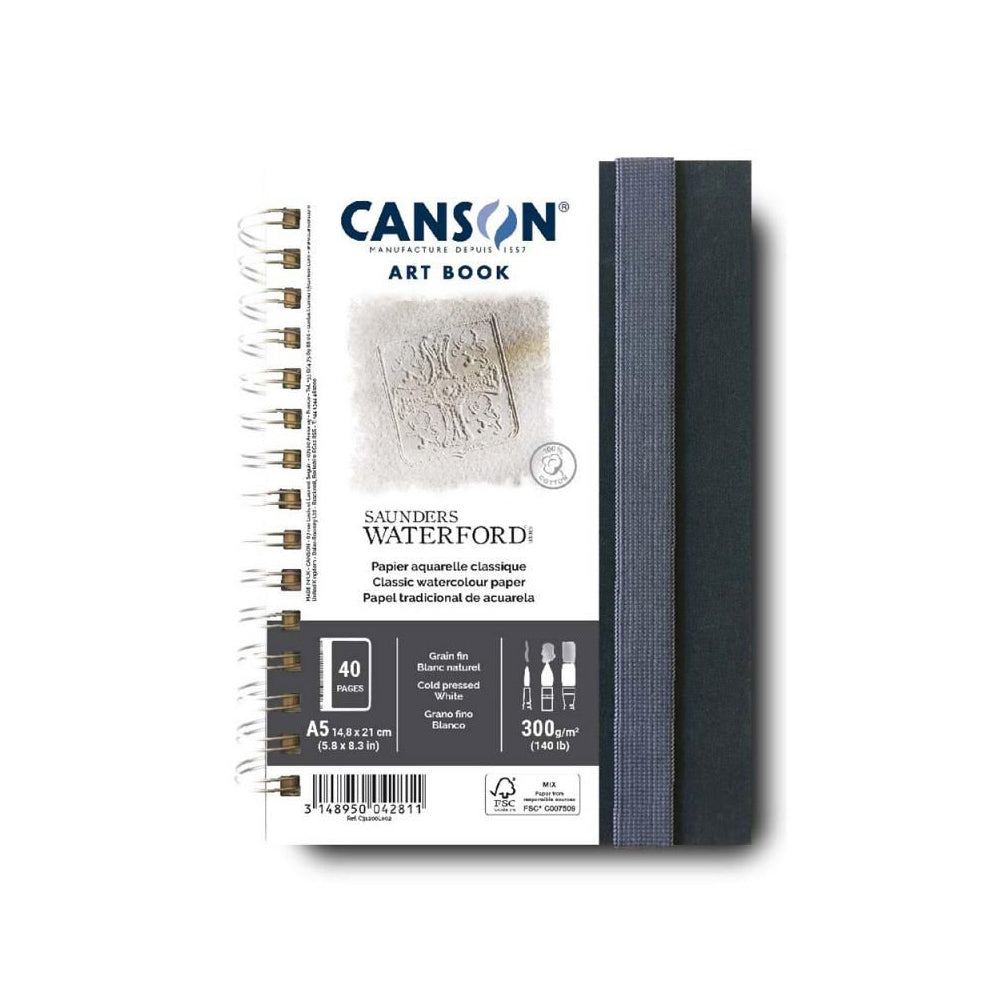 Canson Saunders Waterford art book, spiral bound on the long edge with an elastic closure. This book contains 40 pages of 300 gsm cold pressed, white classic watercolour paper. 14.8 by 21 centimetres in size.